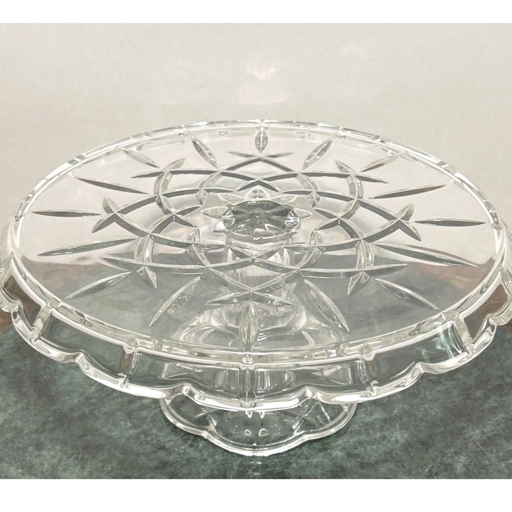 Gorham Lady Anne Clear Pressed Glass Pedestal Cake Stand Starburst Scalloped Rim